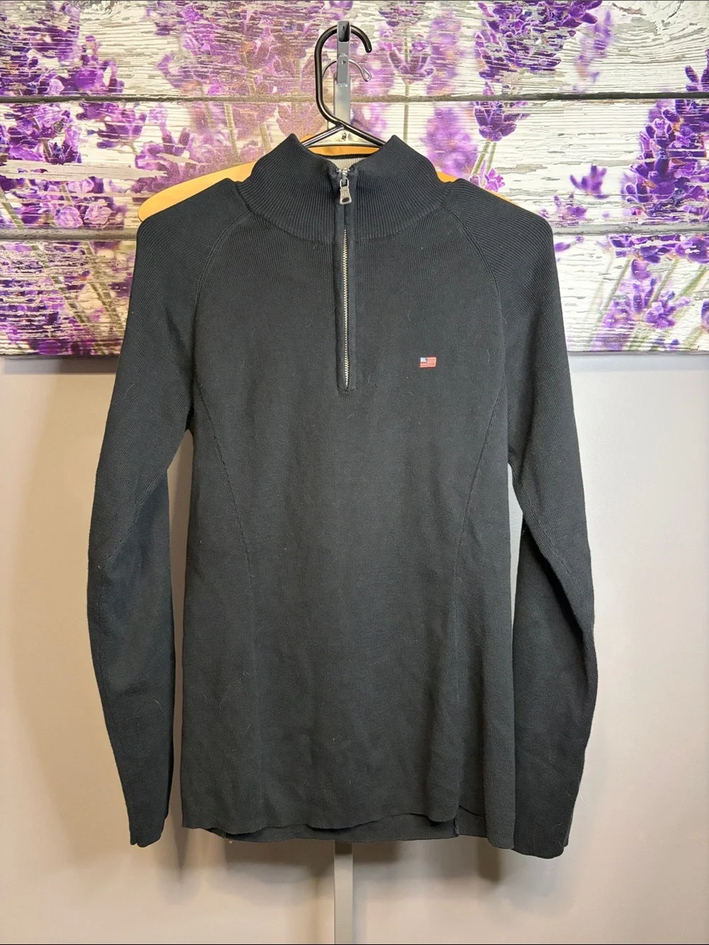 Unisex Vintage Polo Jeans Company Black Quarter-Zip Sweater with Small Flag Logo